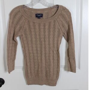 American Eagle Outfitters Knit Pullover Sweater XS Tan Long Sleeve Button Cuff‎